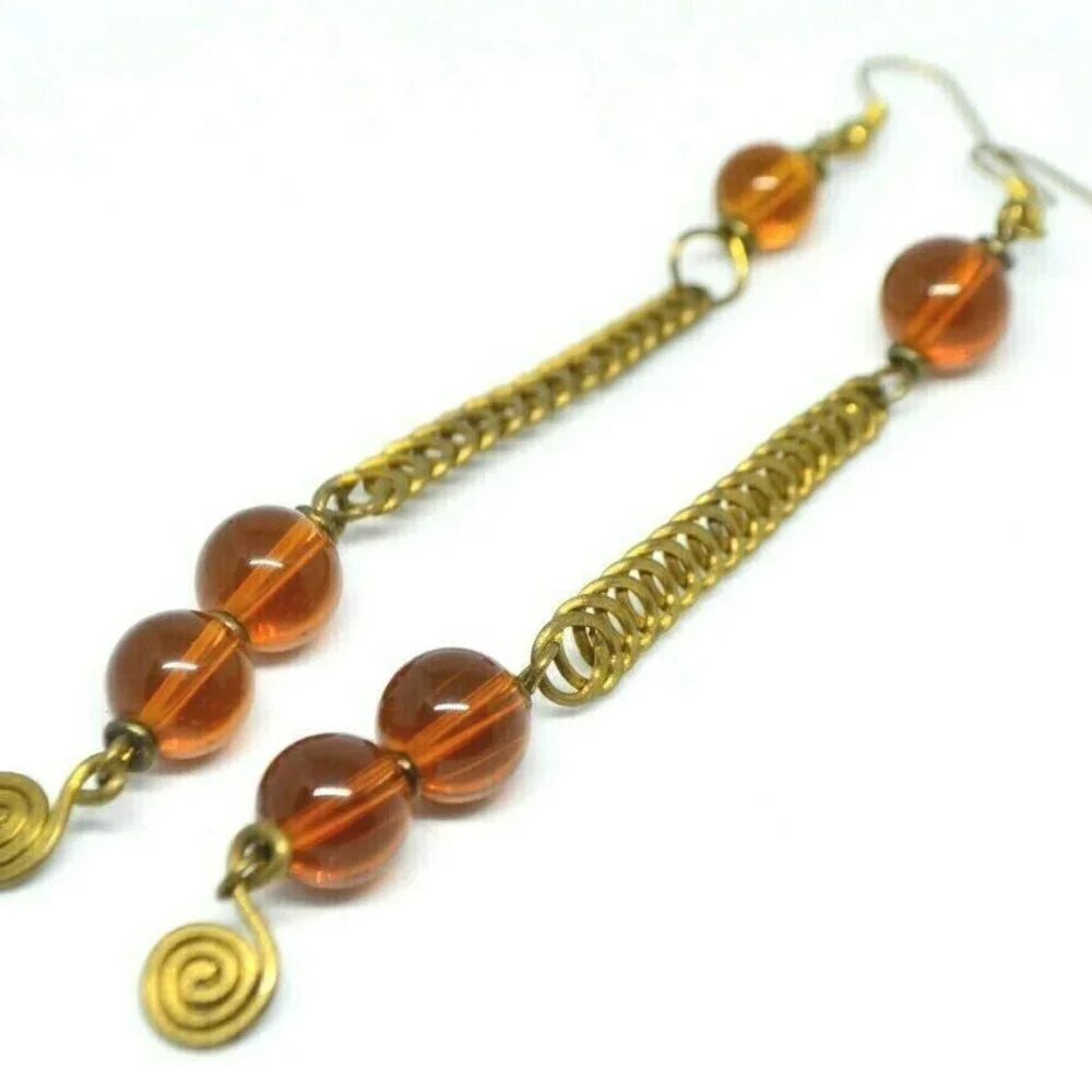 Faux Amber Glass Bead Gold Tone Abstract Earrings